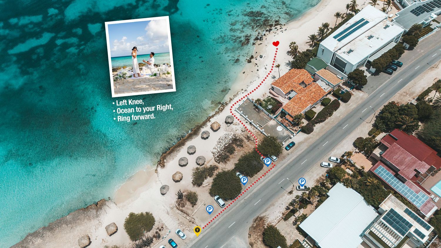 Aerial view of a Caribbean beachfront with turquoise waters, beach umbrellas, and coastal buildings along the shoreline.