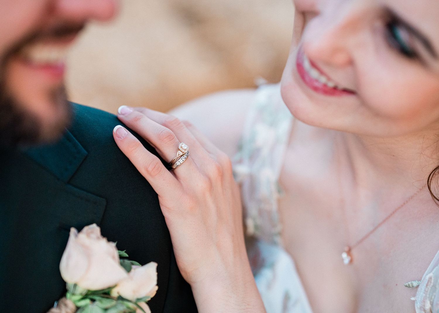 Romantic intimate close-up shots of a bride and groom sharing tender moments on their wedding day.