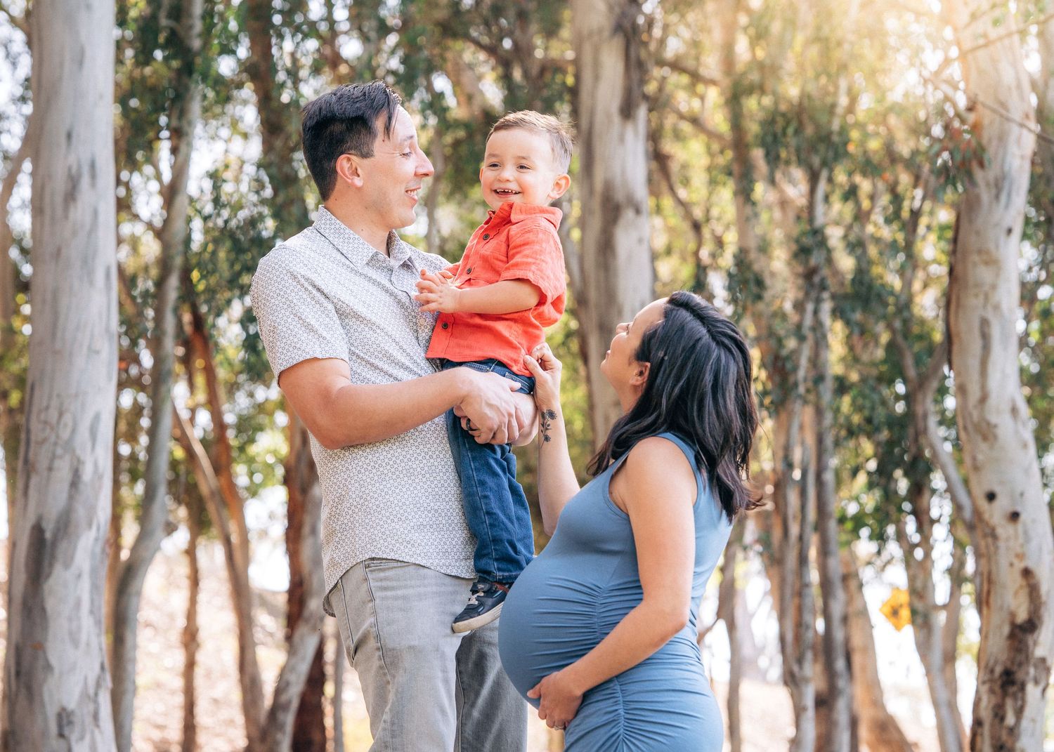 Expecting family poses together outdoors in a eucalyptus grove with glowing sunlight filtering through the trees.