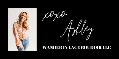 Business logo design featuring 'XOXO Ashley' and 'Wander in Lace Boudoir LLC' text with a portrait photo on black background.