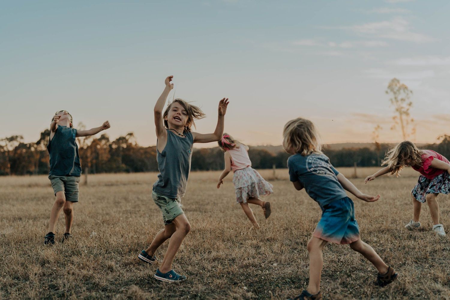 Five children playing in a paddock at sunset