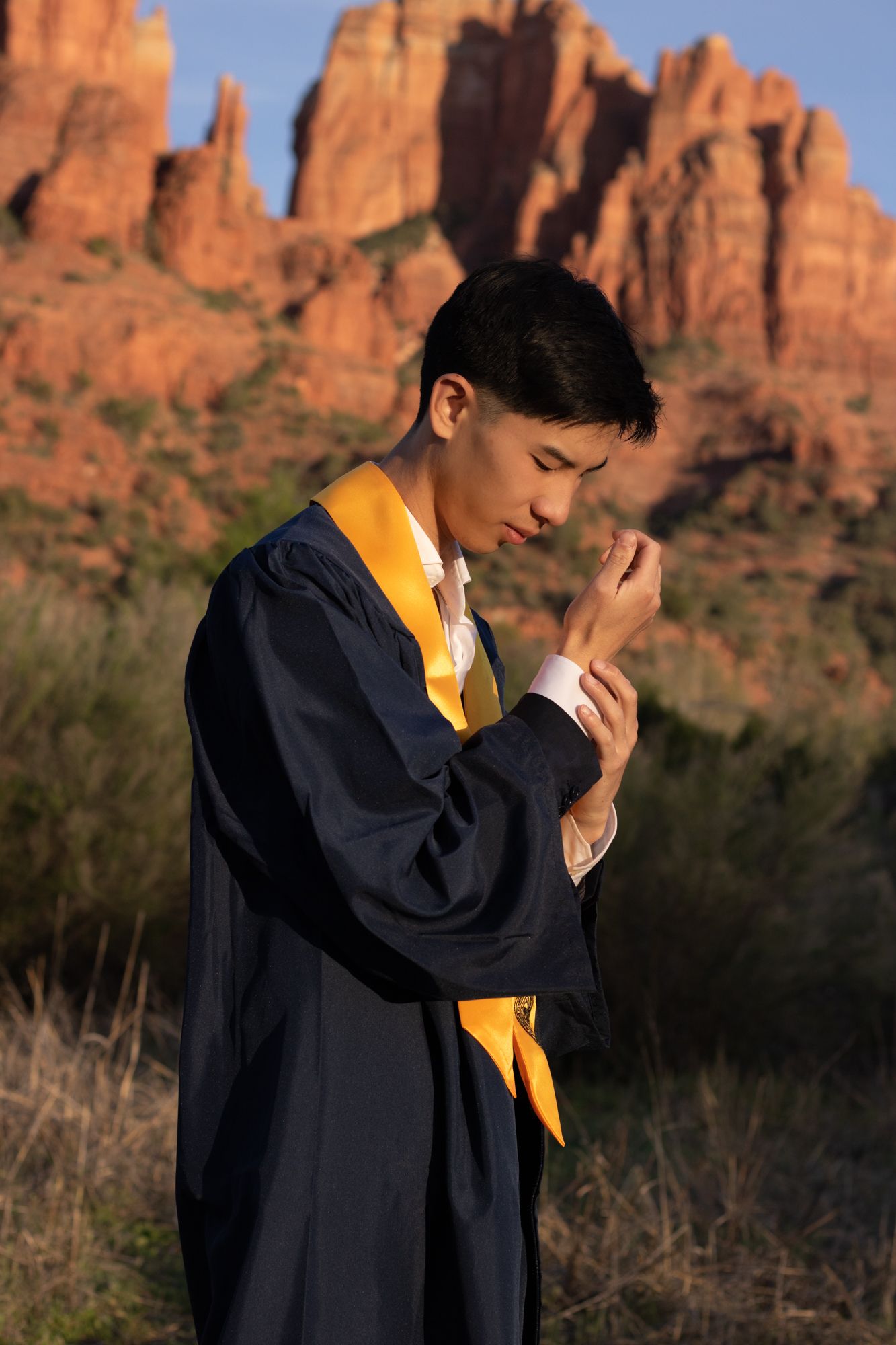 Graduate in cap and gown poses thoughtfully against red rock formations.