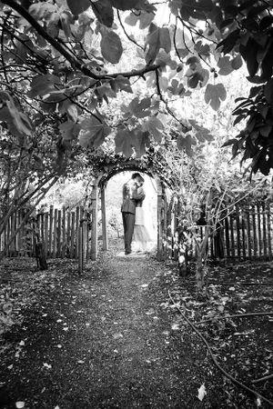 A black and white garden path lined with trees and a wooden fence creates a tunnel effect.