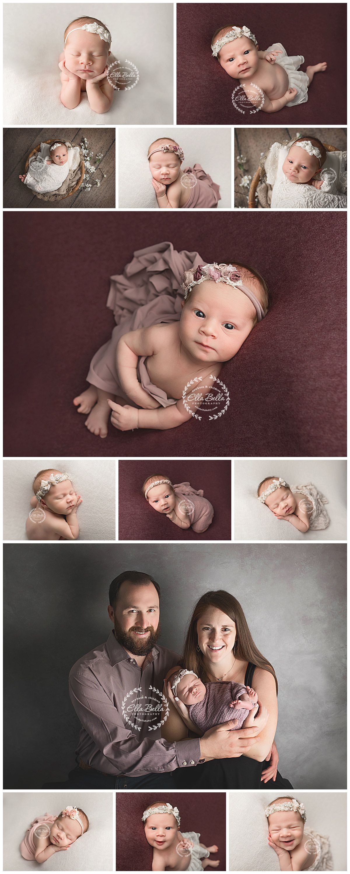 Professional newborn photo collection featuring soft mauve and gray tones in various artistic poses and family portraits.