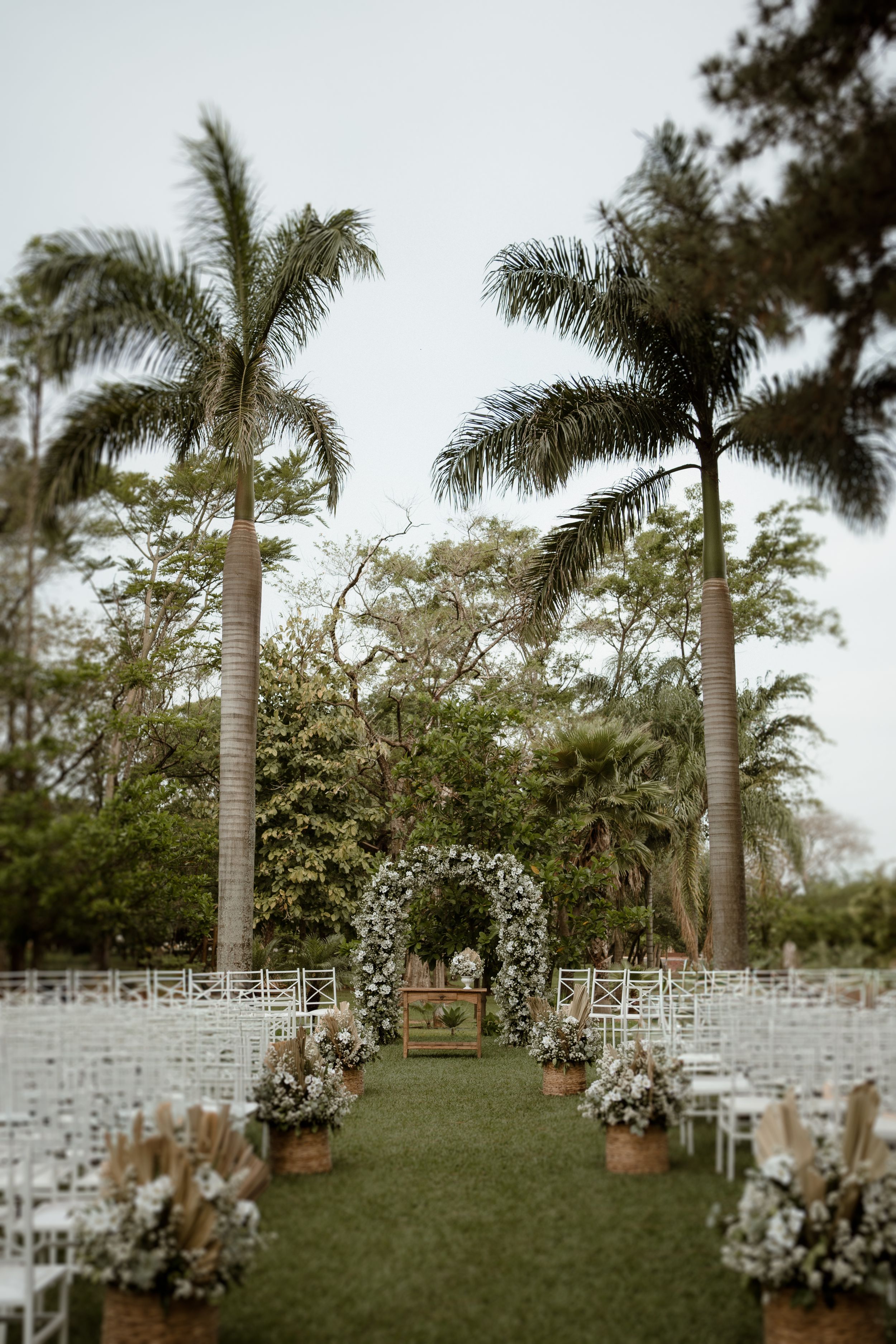 Outdoor wedding ceremony setup with palm trees and floral arch on a grass aisle.