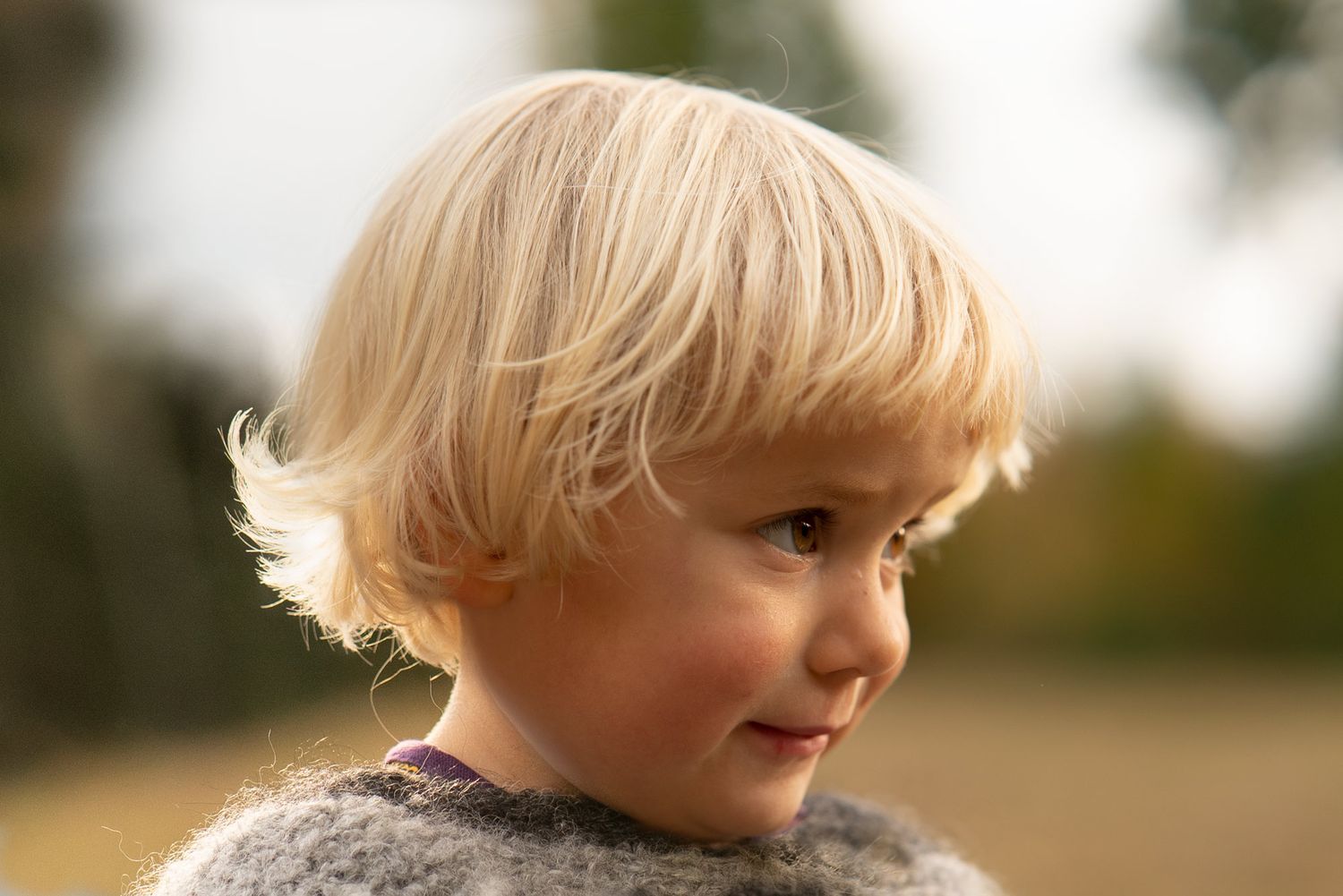 Ett blont korthårig tre-årig tjej i profil med en blurrig bakgrund på en äng.