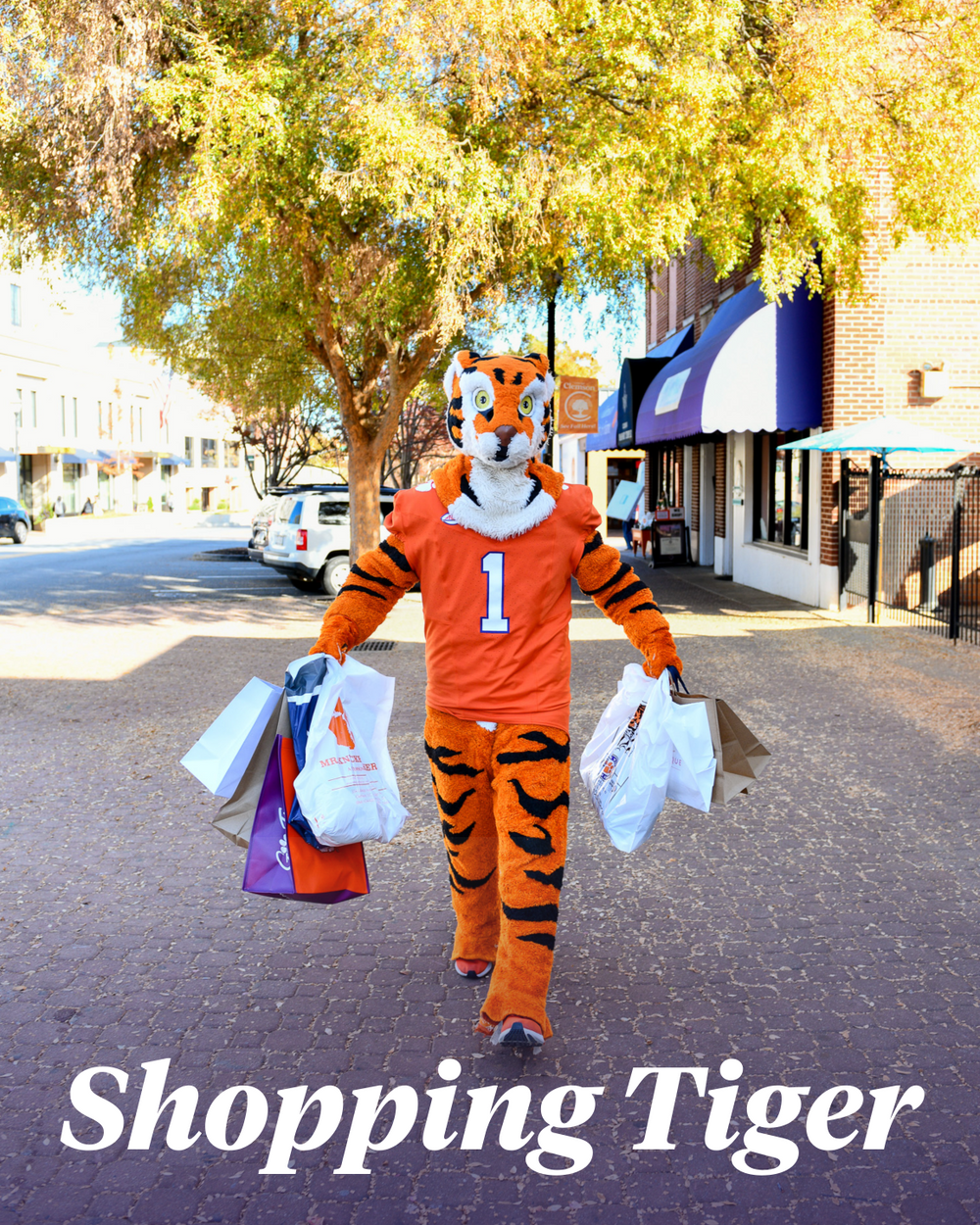 The Clemson Tiger mascot carrying shopping bags on a sunny downtown street.