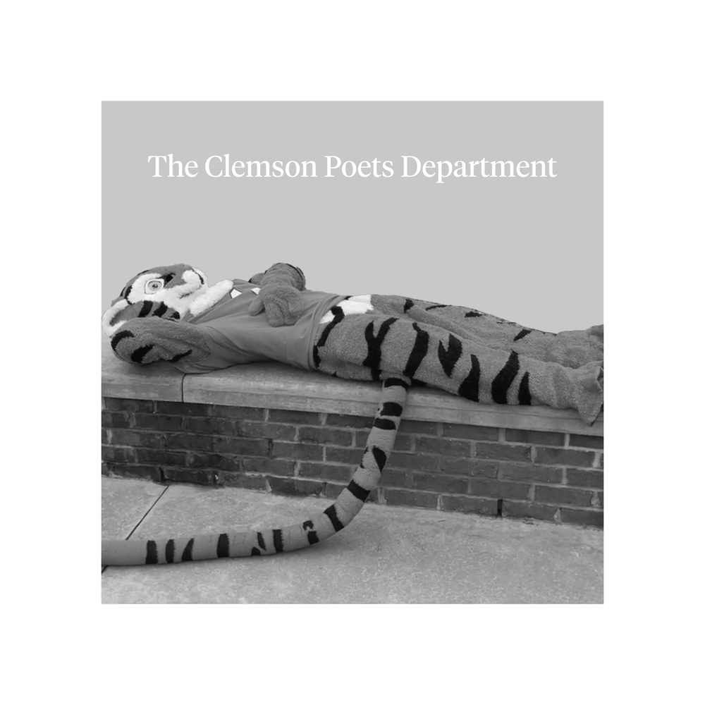 Black and white image of a tiger mascot statue resting on brick wall.