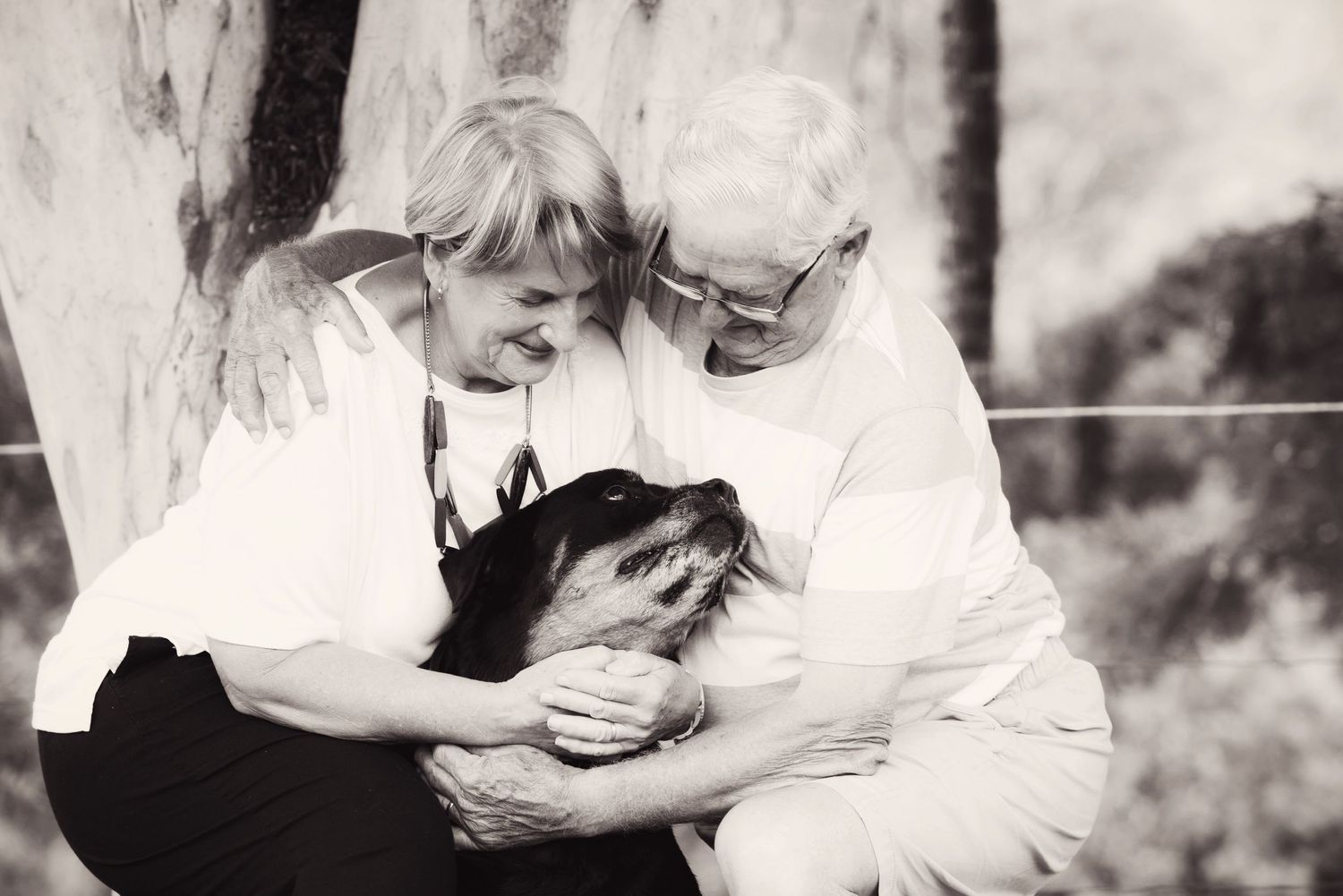 A tender black and white moment of two people holding a cat outdoors.