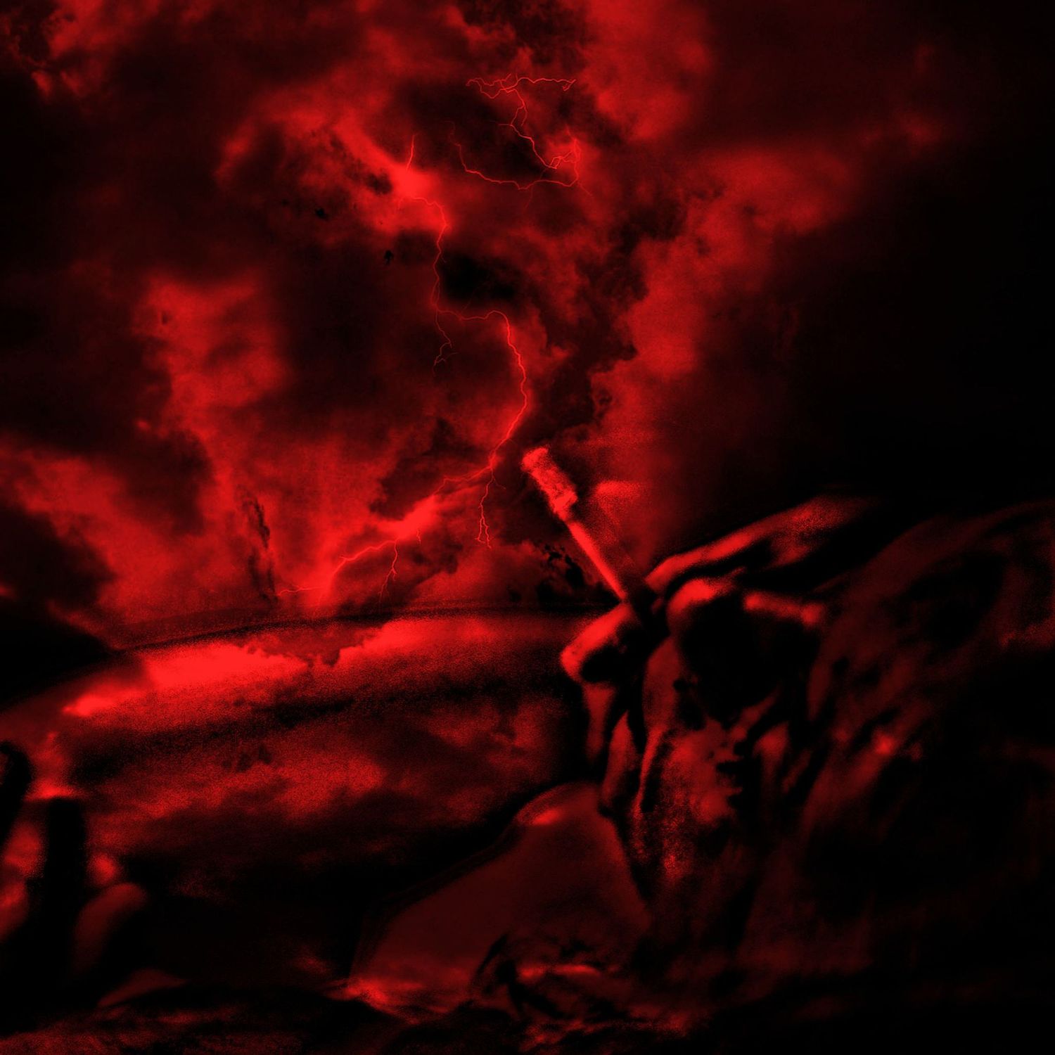 Series of dark red smoky scenes with dramatic lighting and silhouettes against a blood-red sky.