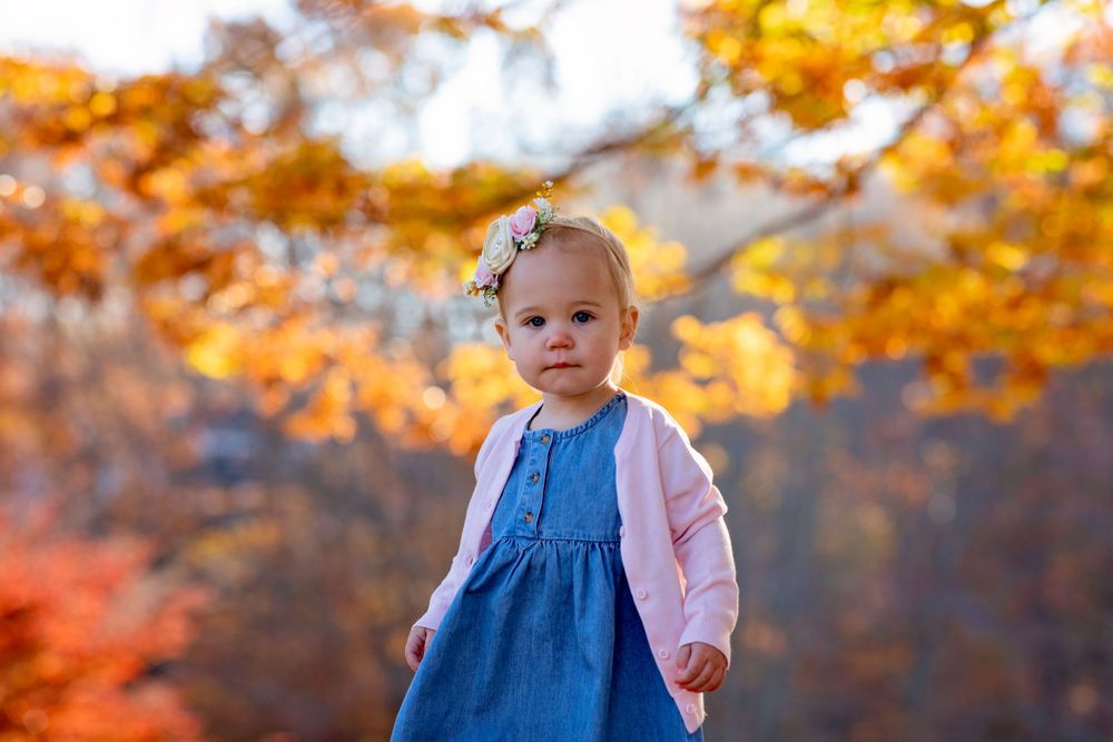 Small child in blue dress and pink cardigan stands against autumn foliage.