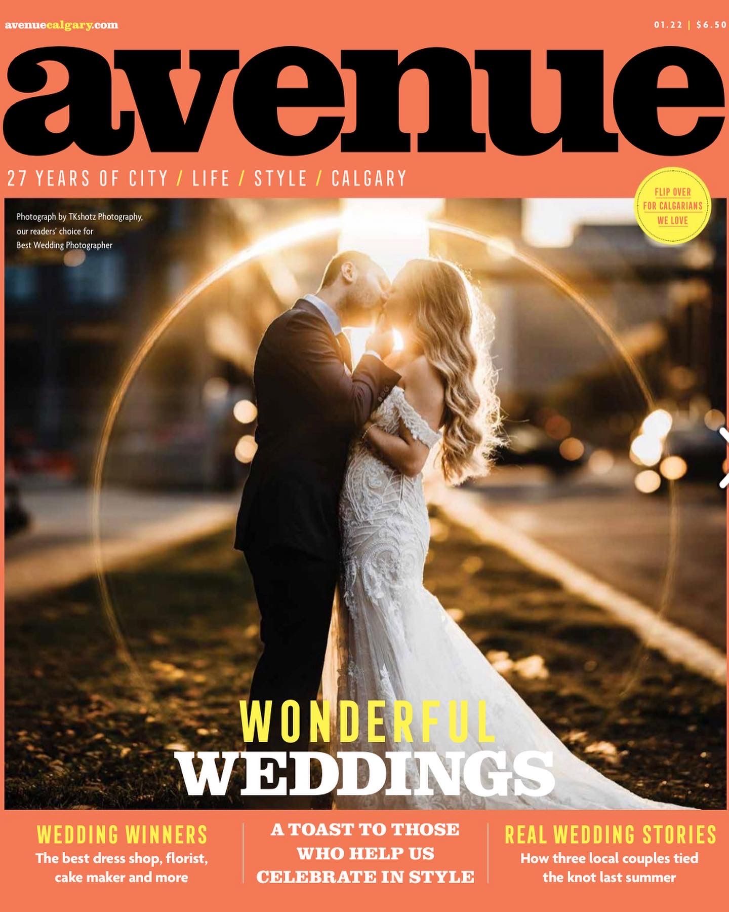 A wedding magazine cover featuring a romantic golden-lit couple embracing outdoors.