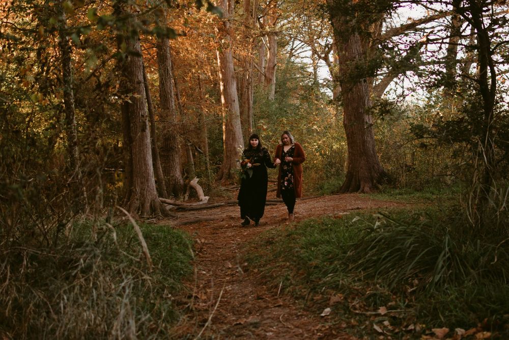 Dark silhouettes of two people walking on a forest path during golden hour.