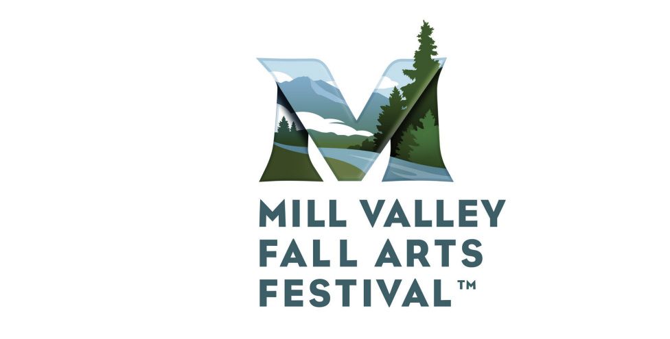 A modern logo design for Mill Valley Fall Arts Festival featuring mountain shapes and trees in blue and green tones.