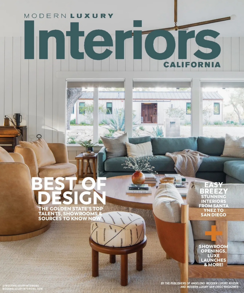 Modern Luxury Interiors California magazine cover showing a coastal-inspired living room design.