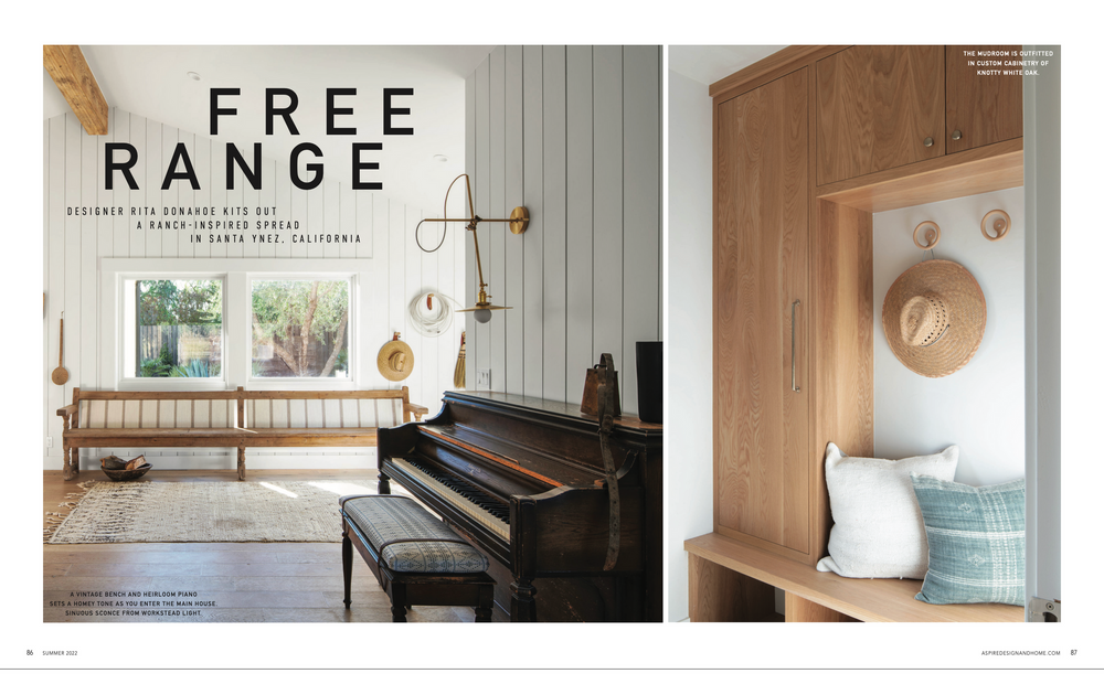 Magazine article titled Free Range featuring a piano and entryway nook with coastal decor.