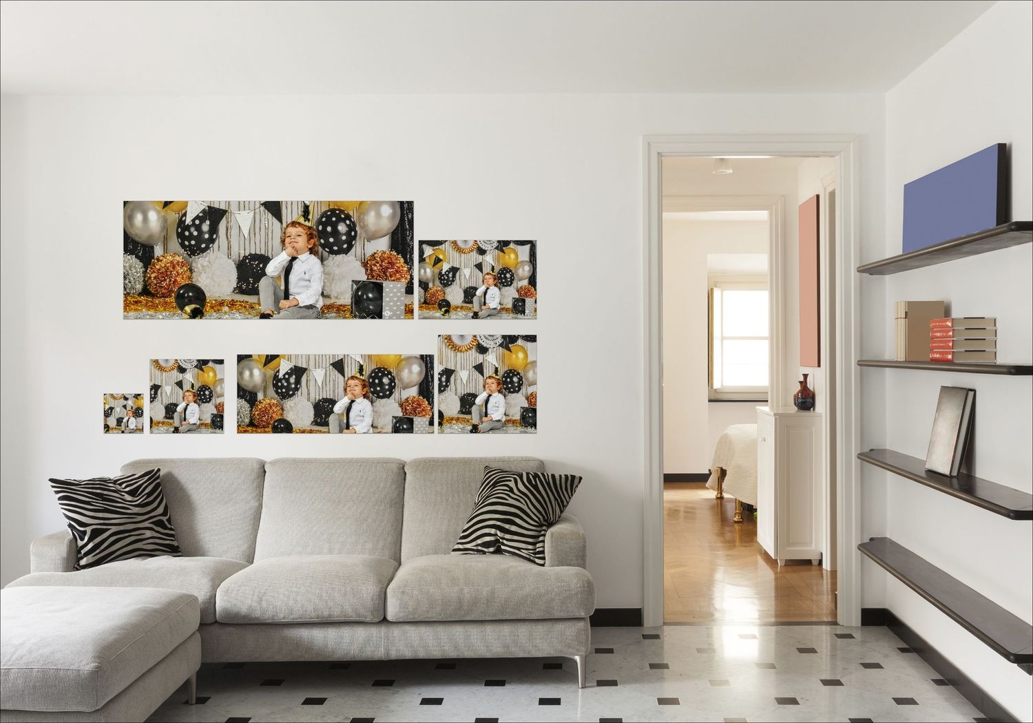 Modern living room interior with photo gallery wall display above sectional sofa.