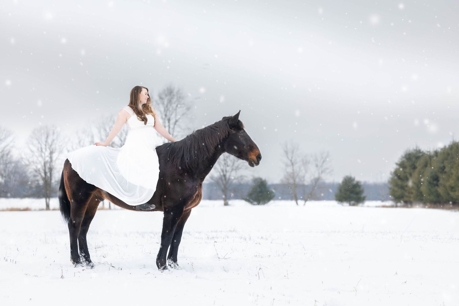 Girl in white dress with large bay horse in a winter landscape