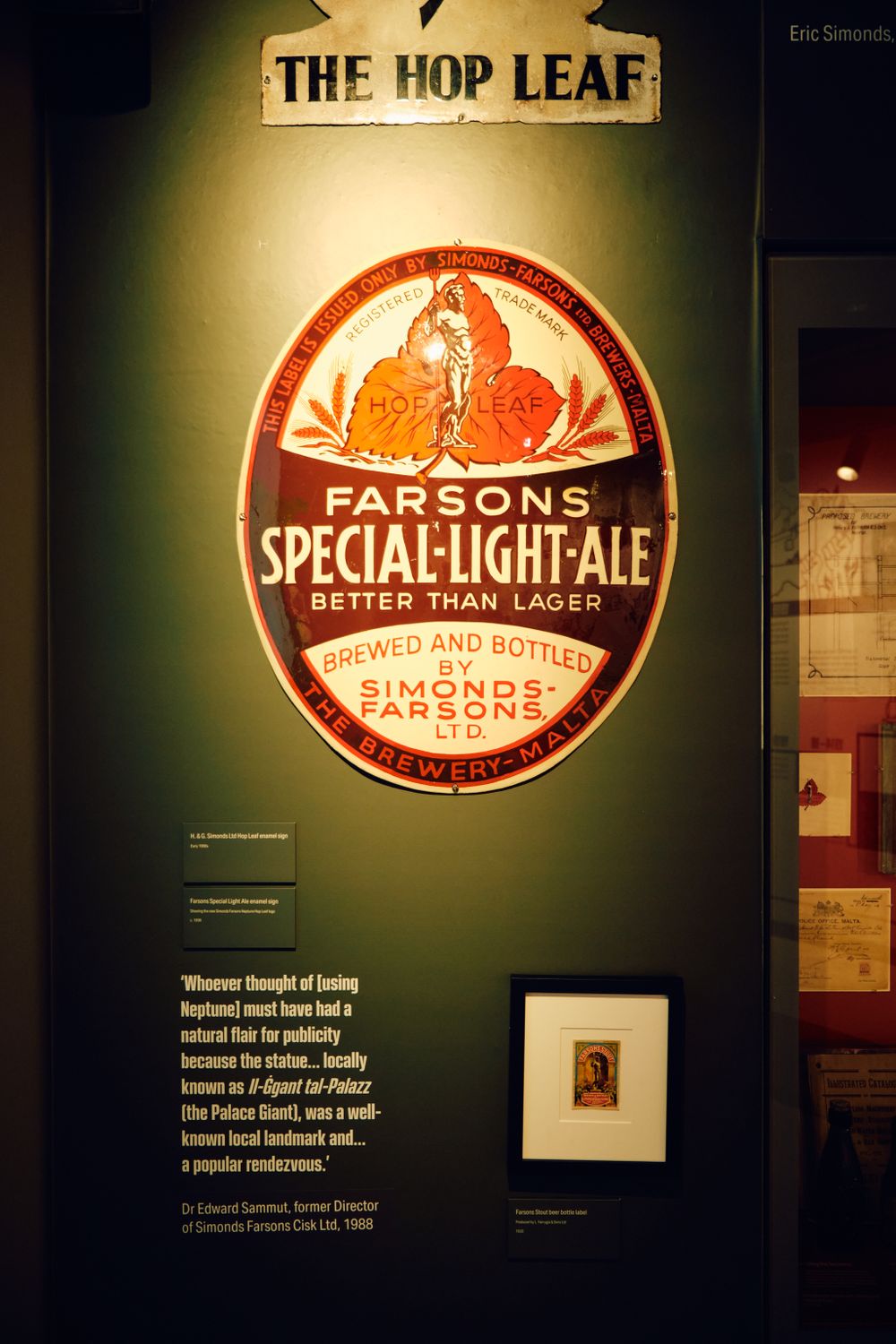 Vintage Parsons Special Light Pale Ale advertisement sign displayed in museum exhibit.