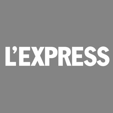 Bold white typographic logo for L'Express magazine on grey background.
