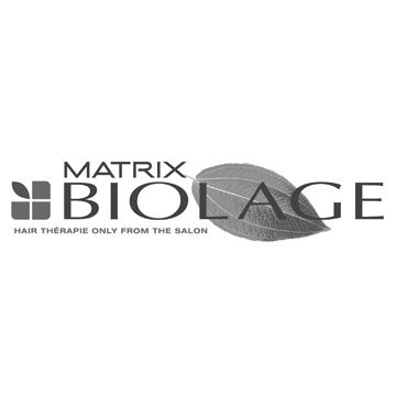 Matrix Biolage monochrome logo with leaf design for salon hair therapy products.