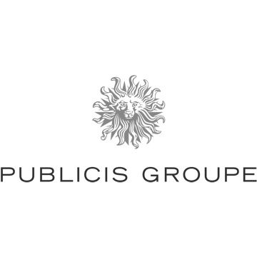 Publicis Groupe logo featuring a black and white sun symbol with wavy rays above stylized text.