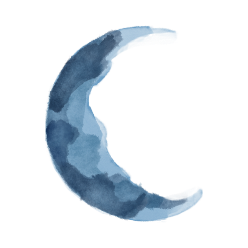 A watercolor illustration of a crescent moon in shades of dark blue against a black background.