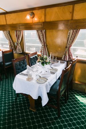 Table settings of a wedding on the Rovos Rail train in South Africa.