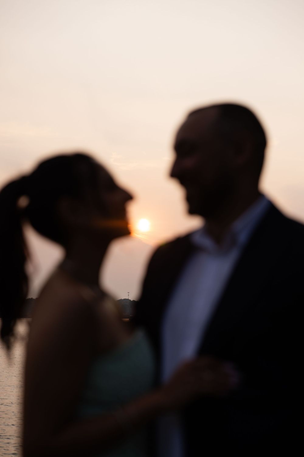 Silhouetted figures share an intimate moment against a sunset sky.