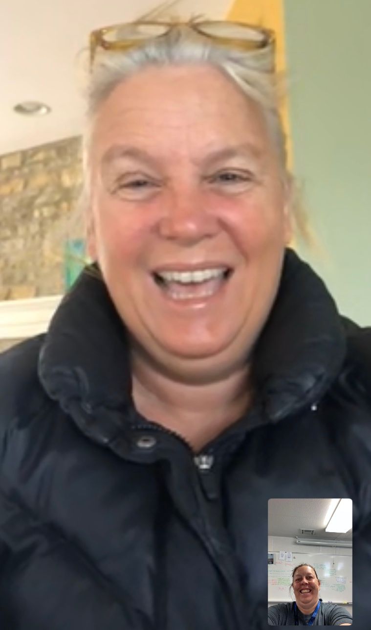 Video call screenshot showing participants in casual attire.