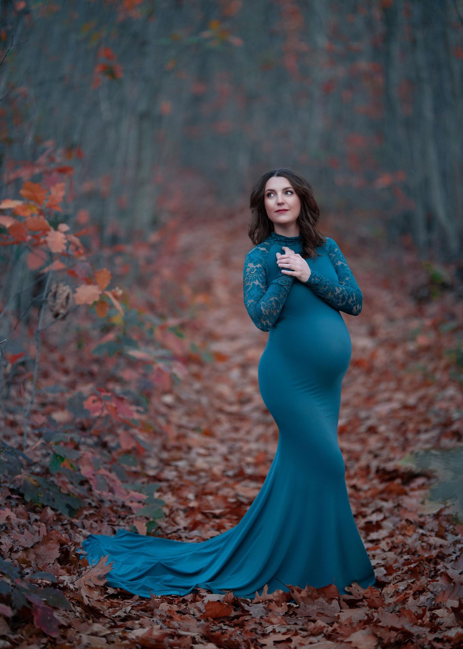 zwangere vrouw met ebbenhouten haar en huid als melk, poseert lieflijk in een blauwe jurk tussen de herfstkleuren