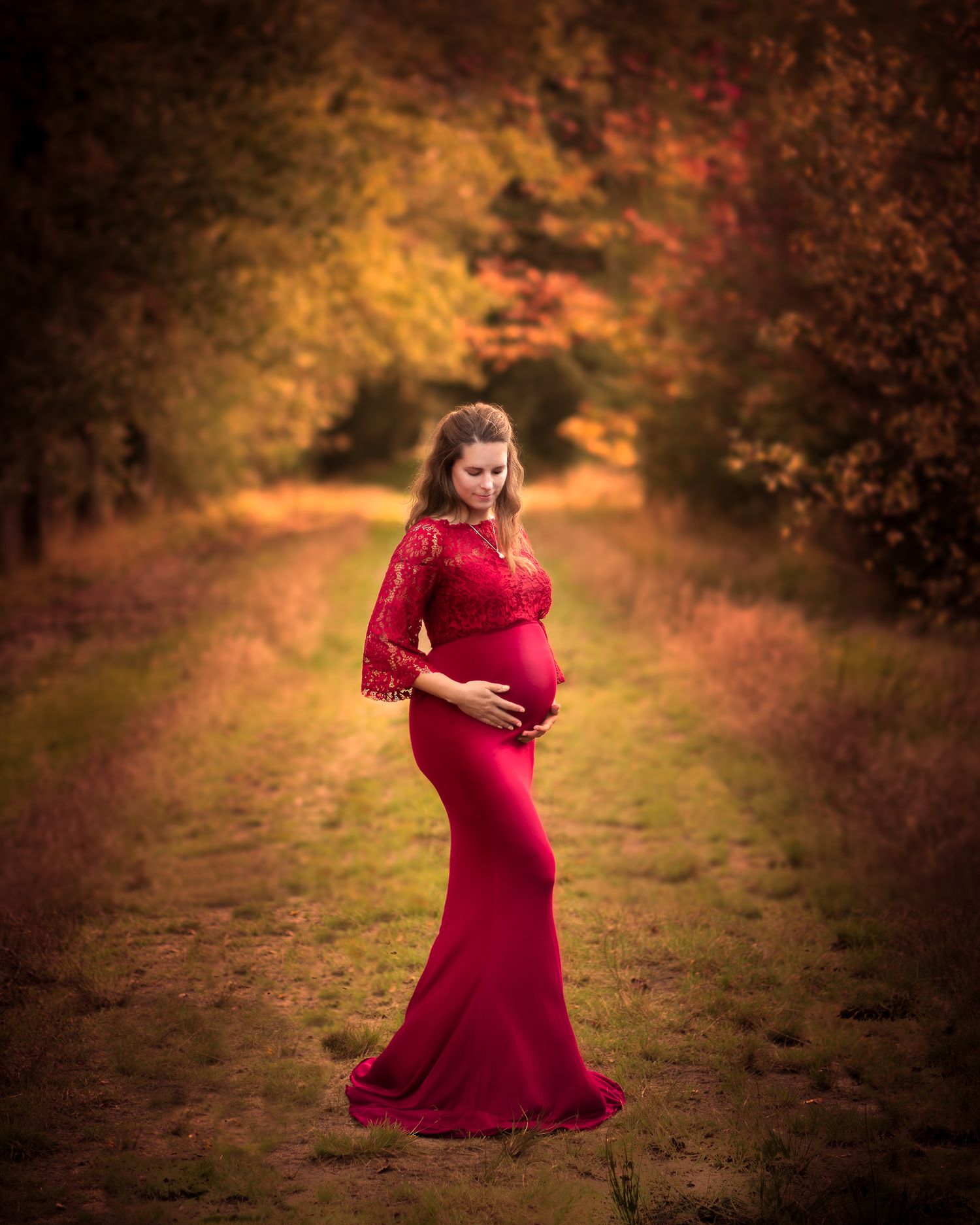 zwangere vrouw omarmt haar buik elegant, terwijl ze beschenen wordt door goud licht in een herfstbos