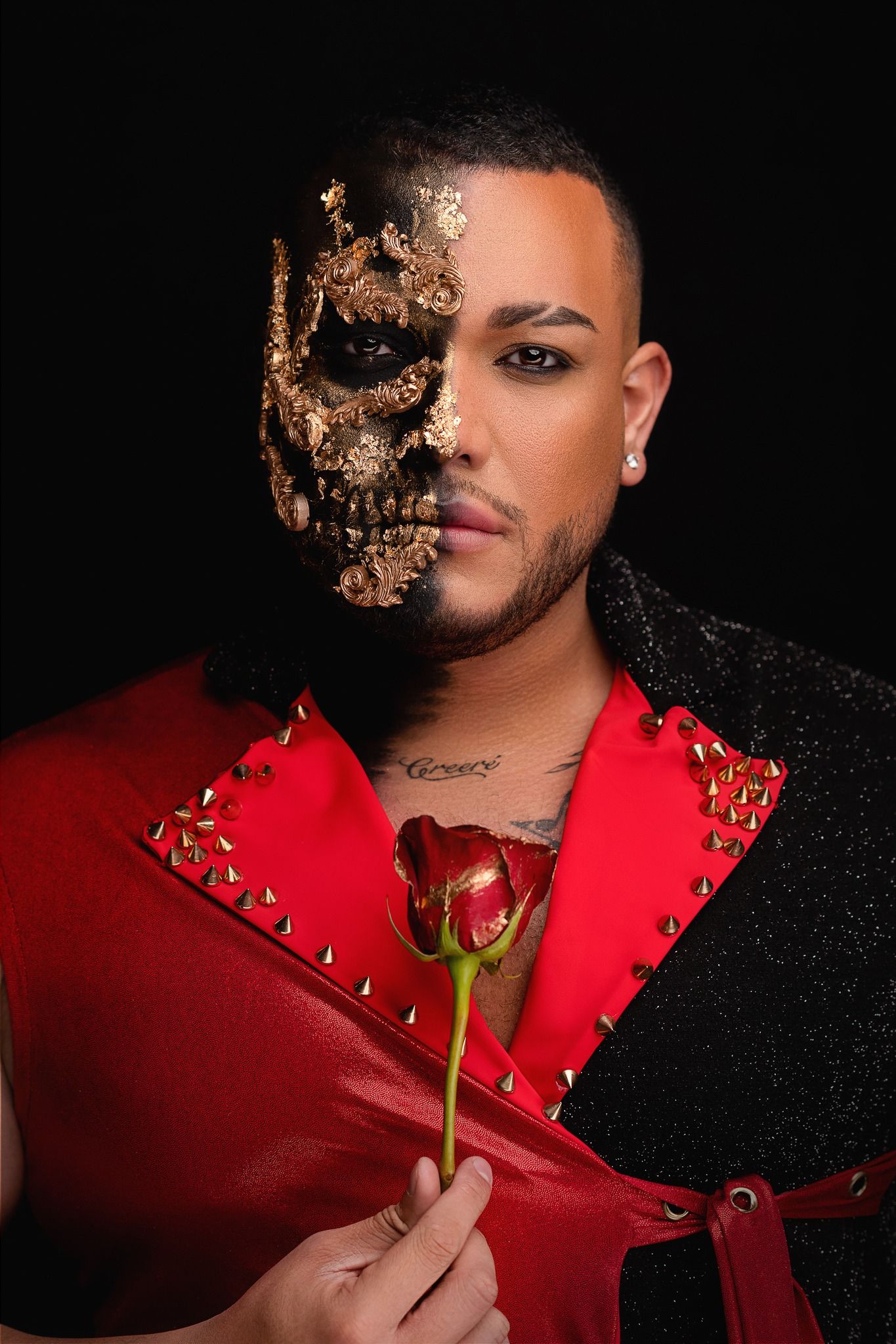Orlando creative portrait photographer Ray Alvarez — bold conceptual studio portrait with theatrical makeup and dramatic editorial styling