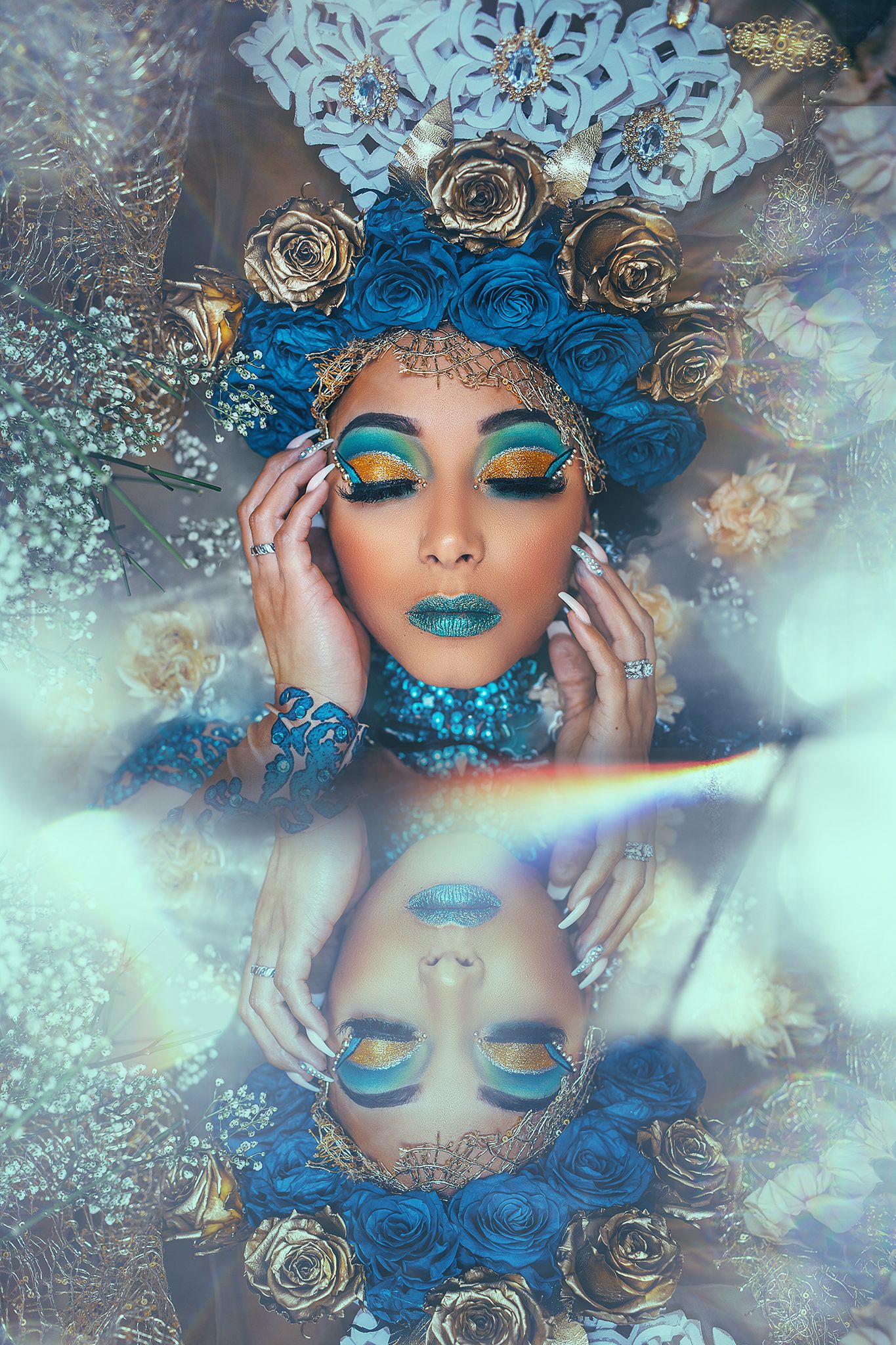 Orlando creative portrait photographer Ray Alvarez — artistic overhead editorial portrait with blue floral headdress and creative lighting