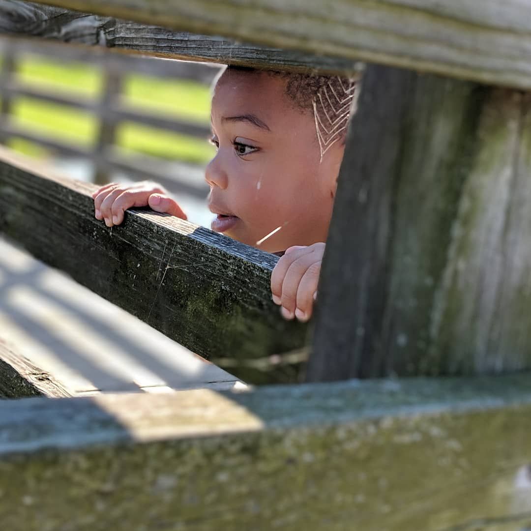 black child peers through wooden planks