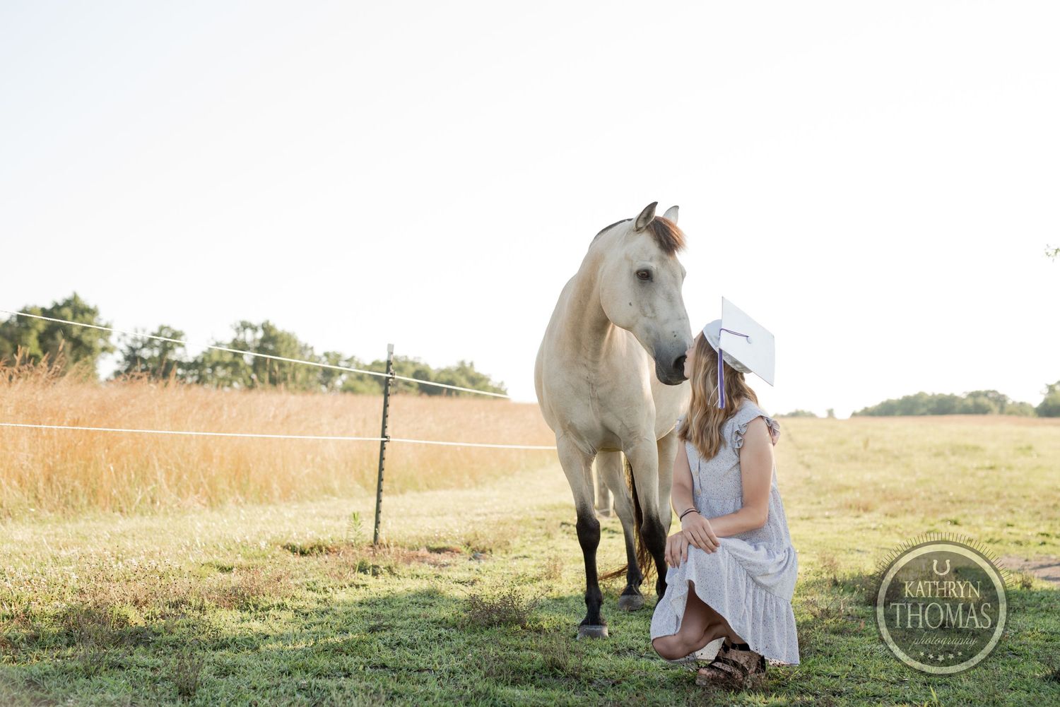 Graduate in light dress kneels beside a white horse in a summer field.