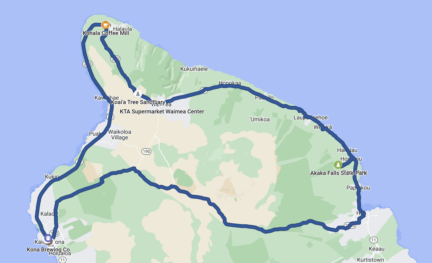 Map of our route across the northern part of the big island