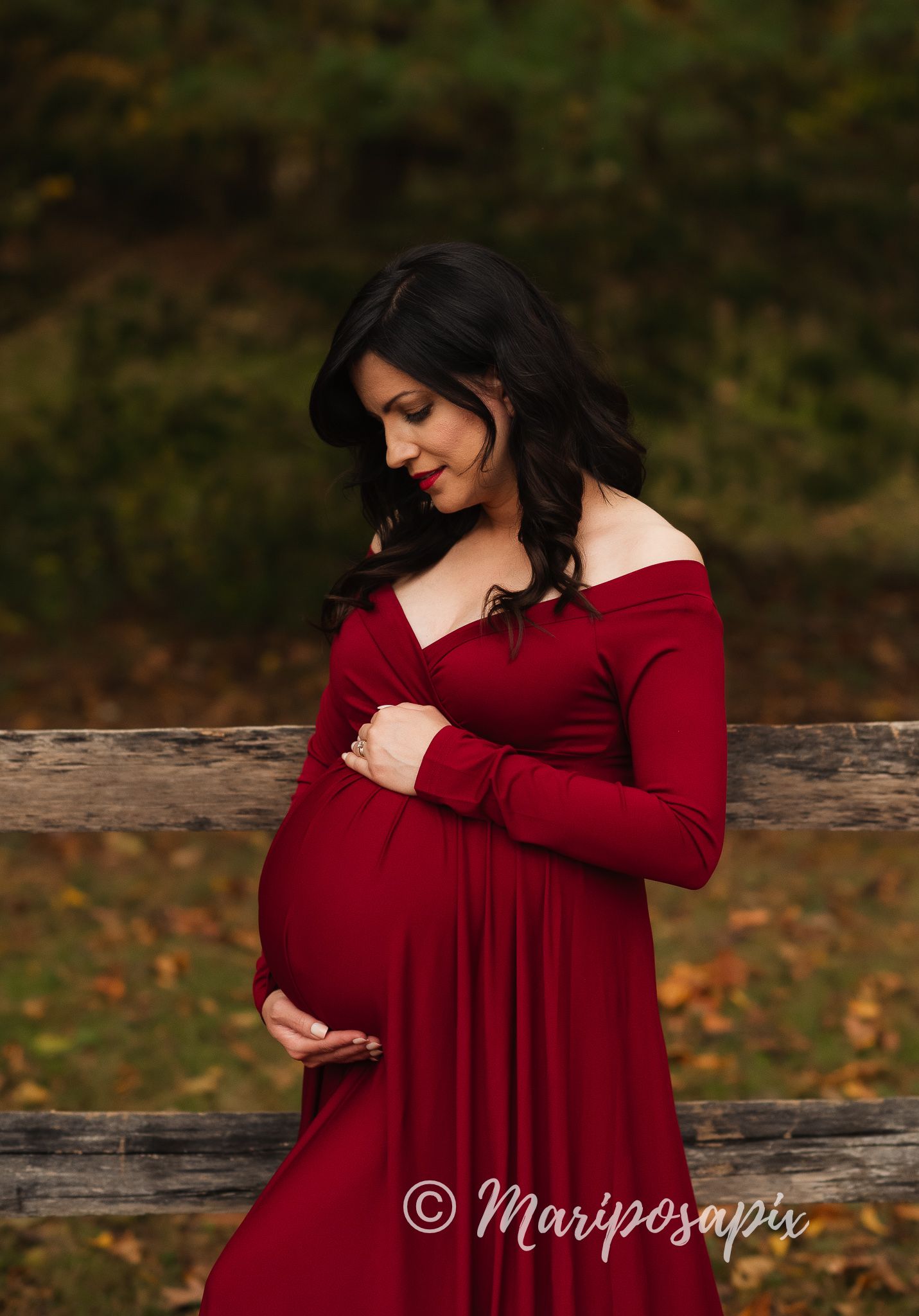 outdoor maternity in red dress fall family son and husband meadow