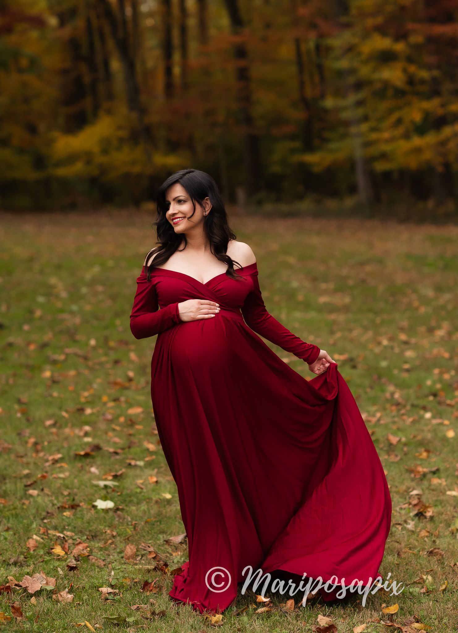 outdoor maternity in red dress fall family son and husband meadow