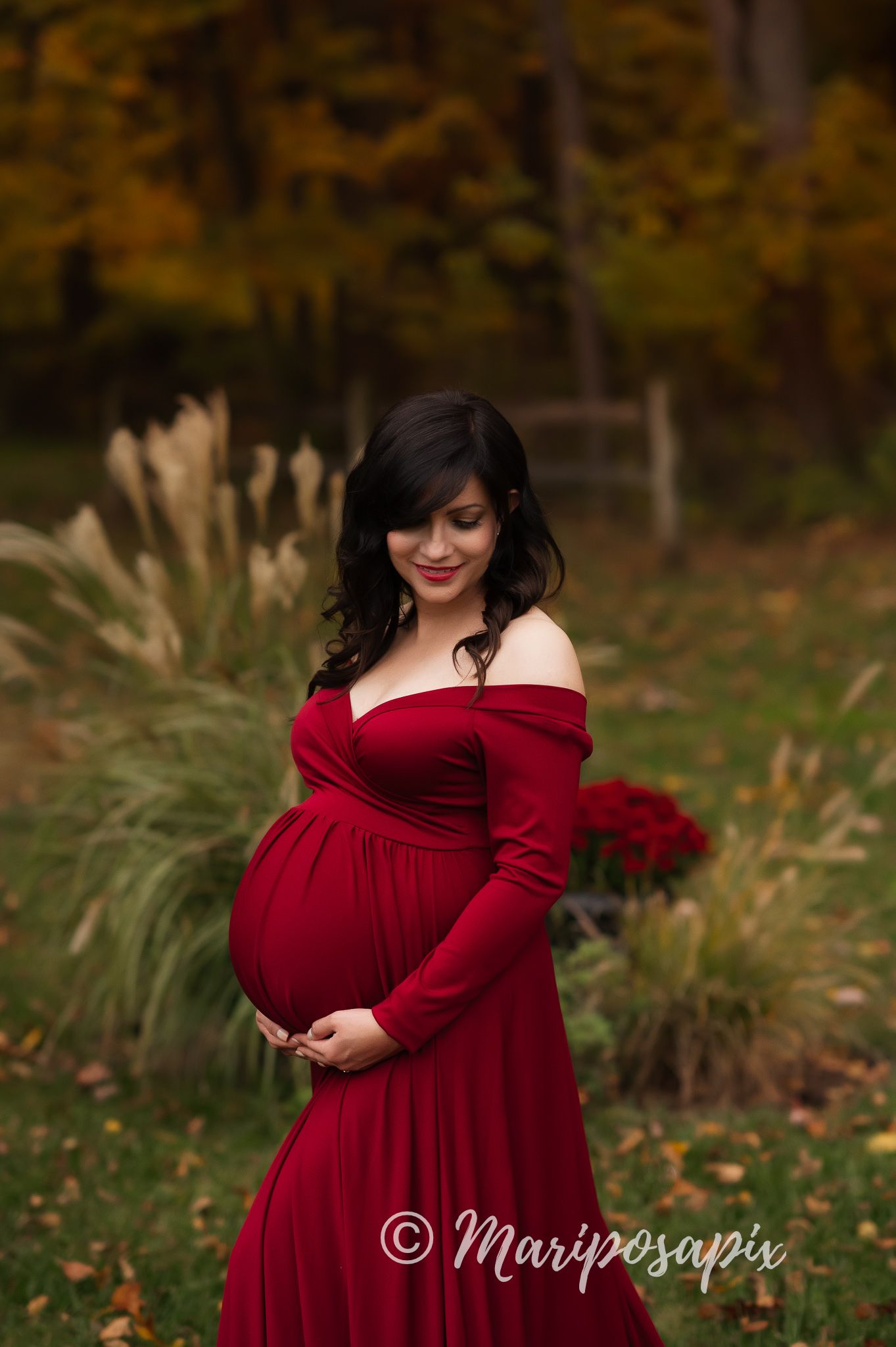 outdoor maternity in red dress fall