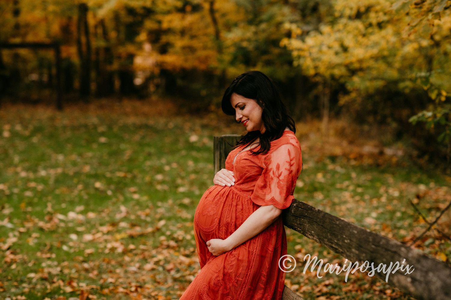 outdoor maternity in red dress fall