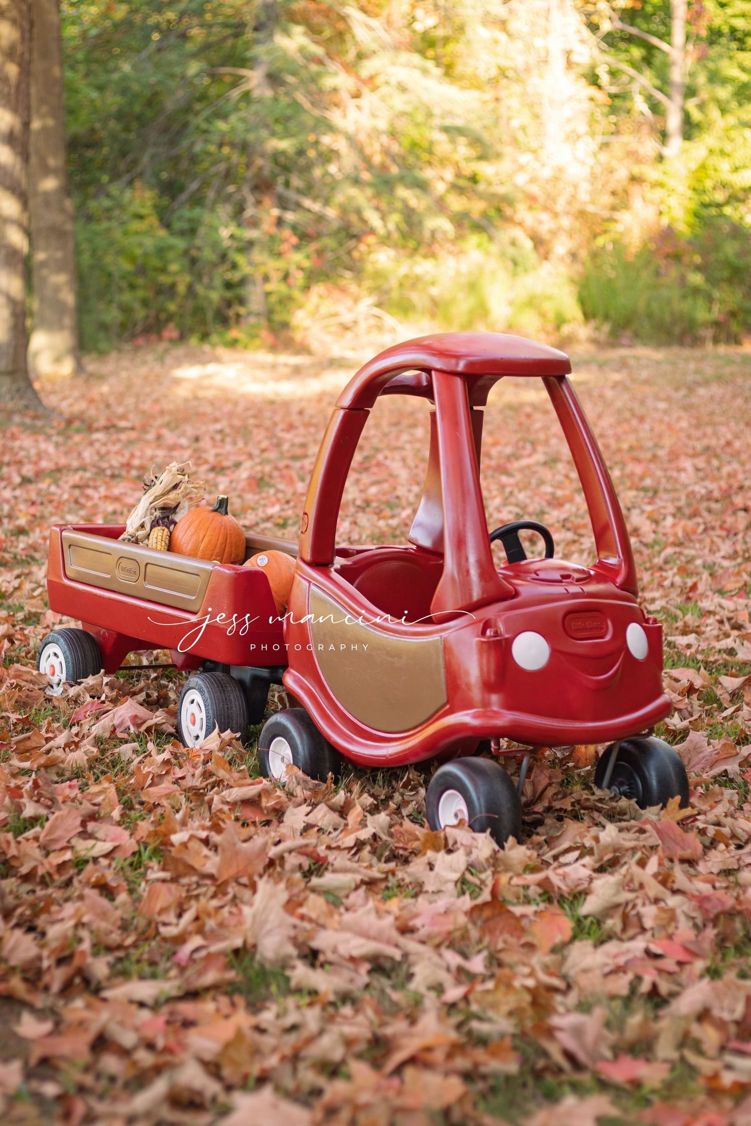 jess Mancini photography little tikes cozy couple makeover truck fall photoshoot leaves and pumpkins