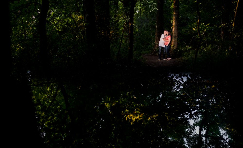 Natural outdoor setting with lush greenery and trees in evening light.