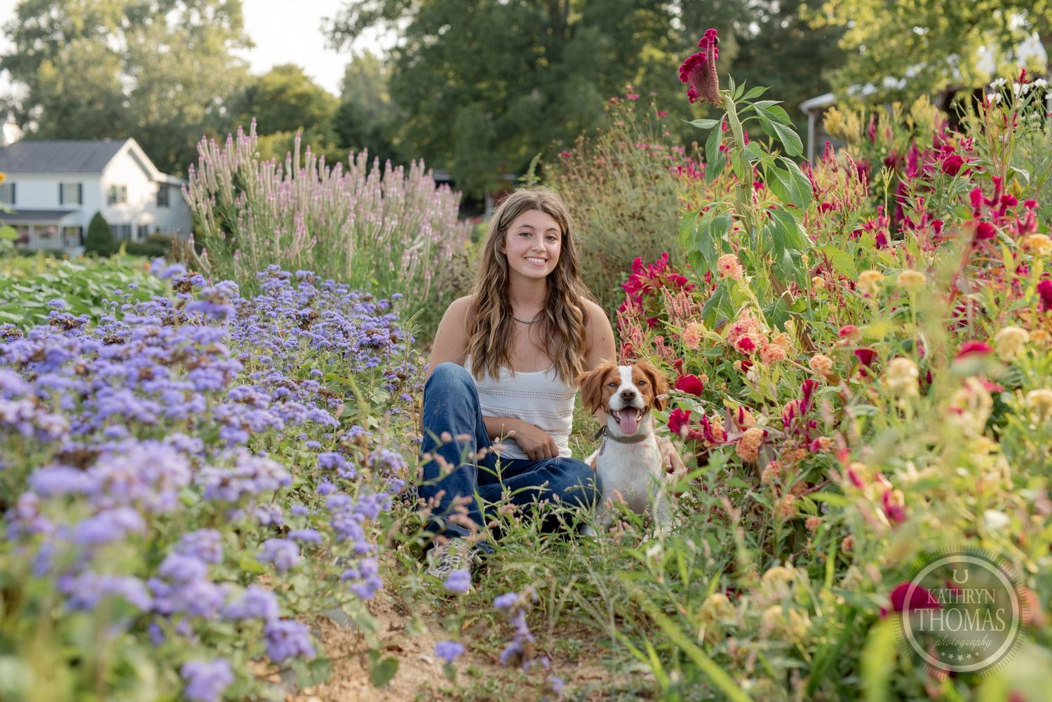 Person and dog sitting among purple asters and red flowers in garden at sunset.