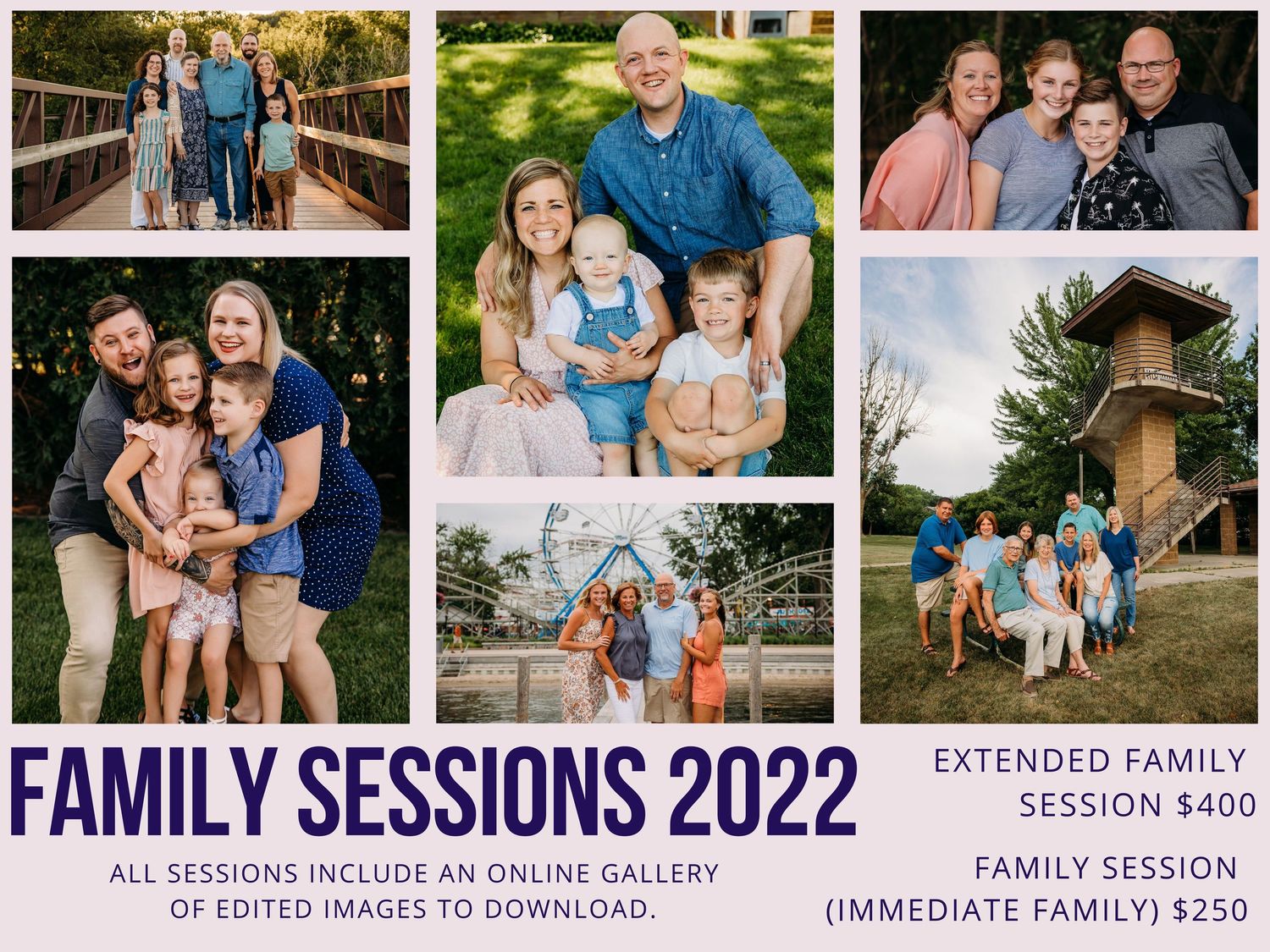 Family photo session advertisement showing multiple outdoor portrait layouts.