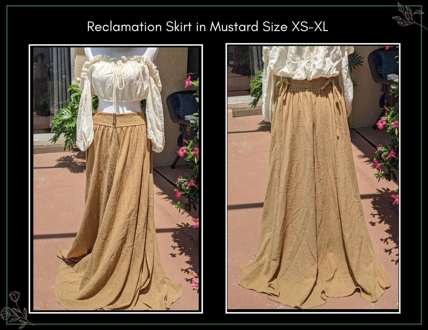Mustard yellow maxi skirt with subtle texture, shown in two views on a model, available in sizes XS-XL.