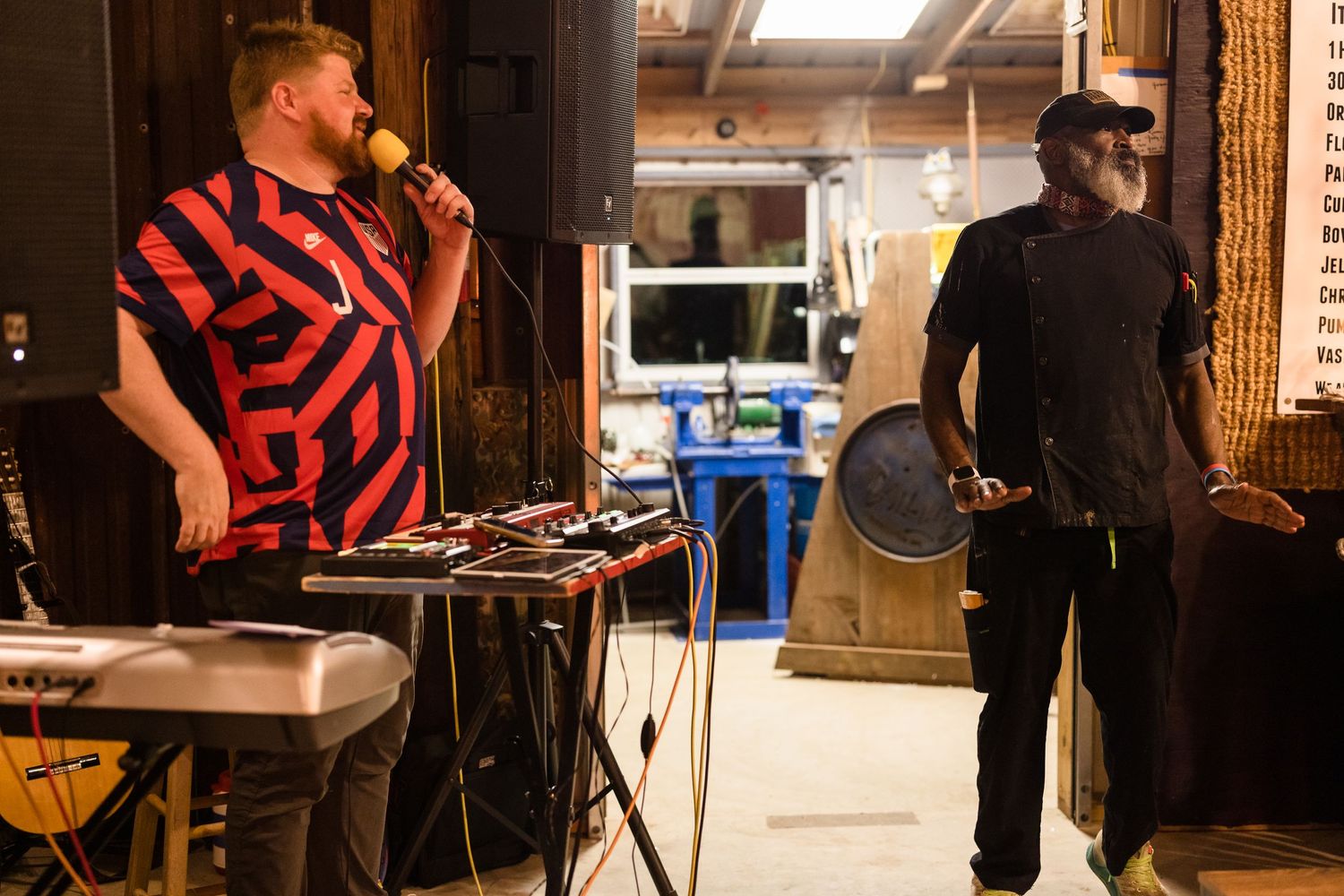 Live music performance setup with instruments and equipment on stage.