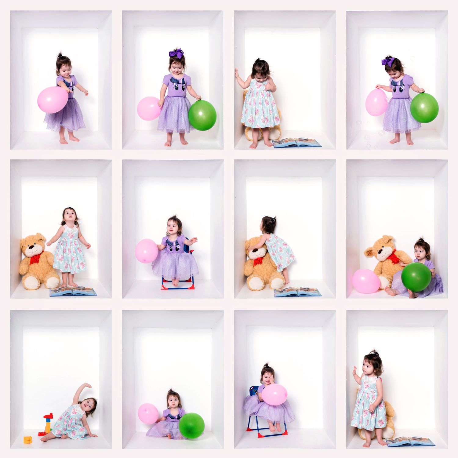 Photo series of child with pink and green balloons and teddy bear in white studio setting.