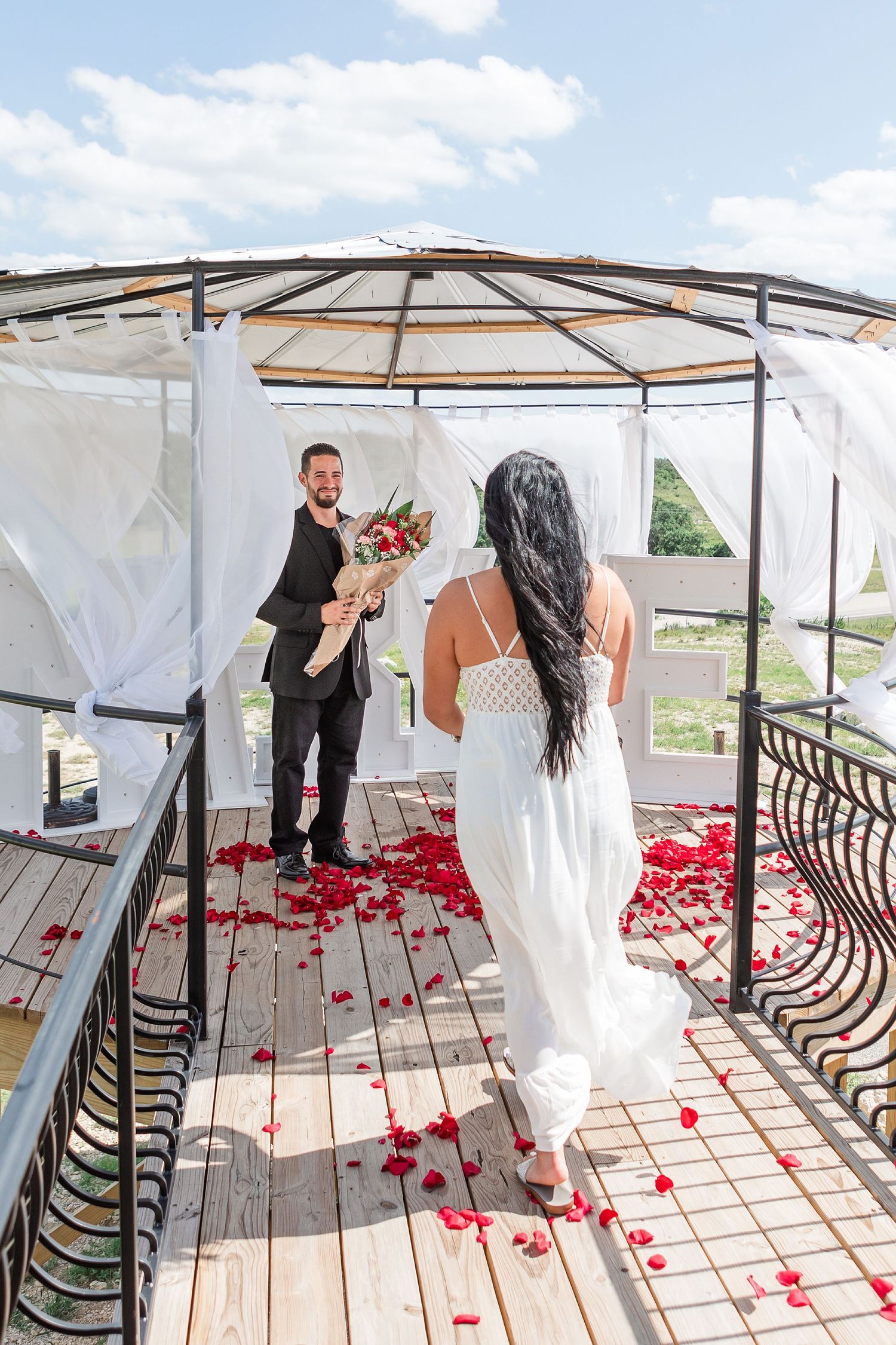 A romantic, surprise proposal at 290 Wine Castle in the Texas hill country.