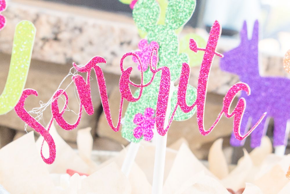 Sparkly pink and purple 'Senora' party decoration text on white tissue paper background.